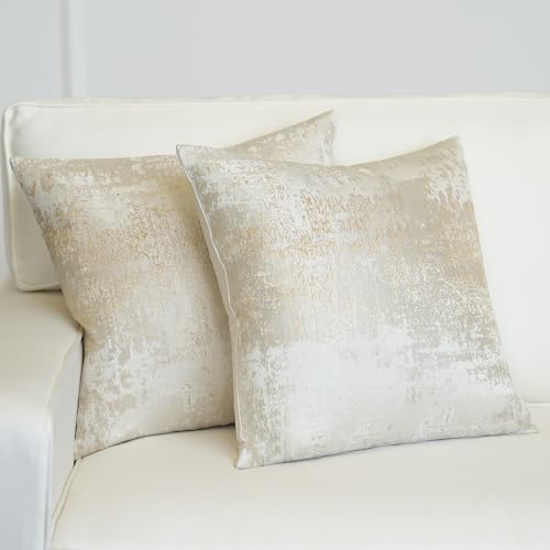 Cream Champagne Metallic Jacquard Pillow Covers 18x18 Pack of 2 Velvet Back Modern Glam Sofa Decor (2 Count)