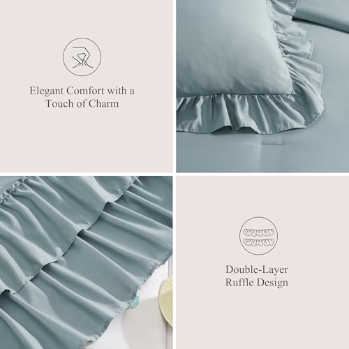 Queen Comforter Set Dusty Blue Ruffle 7 Pieces Farmhouse Bed in a Bag