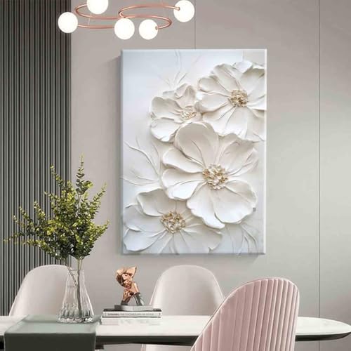White Flower Canvas Wall Art Abstract Floral Pictures Minimalist Botanical Poster Flower Texture Painting 16x24inch framed