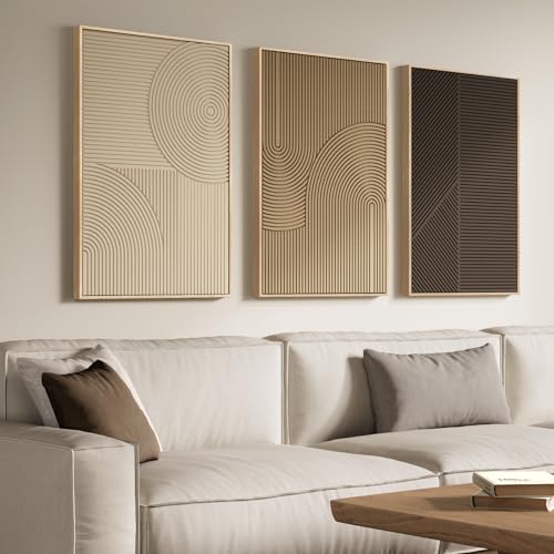 Large 3D Framed Neutral Abstract Wall Art for Living Room (3 Count)