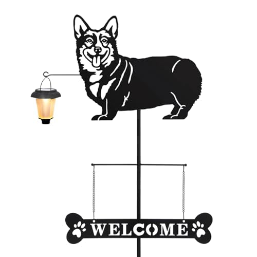 Solar Corgi Silhouette Dog Breed Welcome Sign with a Lantern