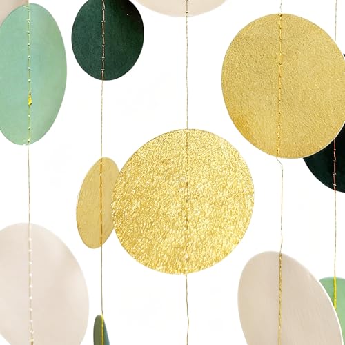 Sage Green Gold Beige Party Polka Dot Garlands Oilve Green Glitter Gold Hanging Paper Circle Dots Streamer for Birthday Wedding Shower Engagement Retirement Boho Safari Party Decorations Supplies