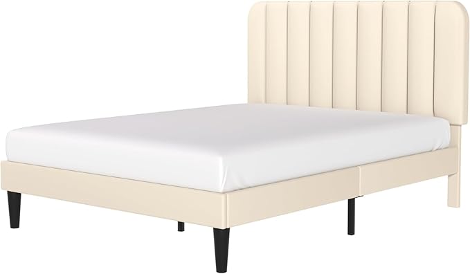 VECELO Queen Size Bed Frame with Upholstered Headboard, Velvet Platform Bedframe Mattress Foundation, Strong Wood Slat Support, No Box Spring Needed,Bone Beige
