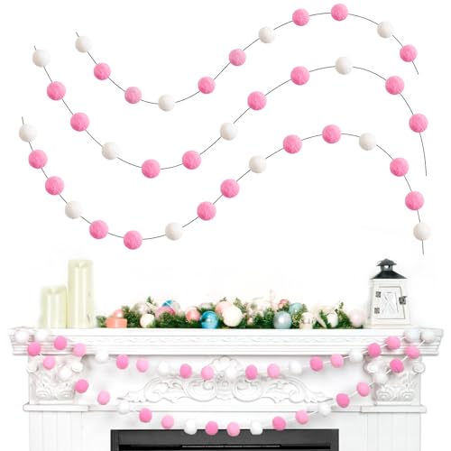 3pk Pink Pom Pom Garland 20FT Colorful Large Felt Ball Garland for Mantle