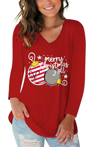 Womens V Neck Christmas Shirt Xmas Holiday Tshirt Long Sleeve Merry Christmas Lights Tee Tops Red XXL