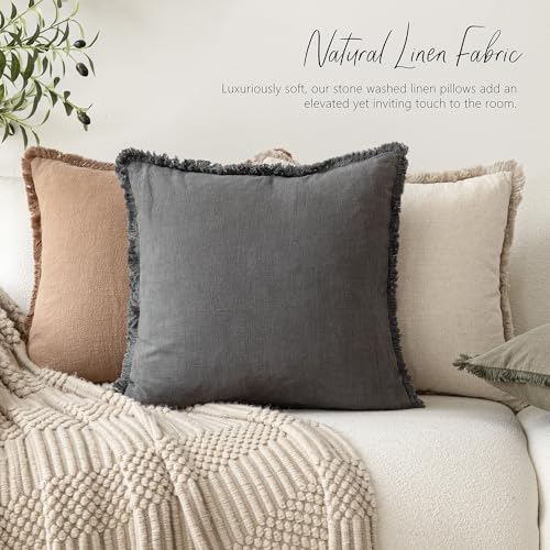 Decorative Linen Fringe Lumbar Throw Pillow Covers 12×24 Gray (2 Count)