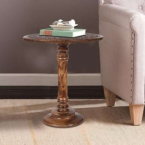 Lightnpro Hand‑Carved Round Pillar Mango Wood Accent Table 18x22 Inch Burnt Finish