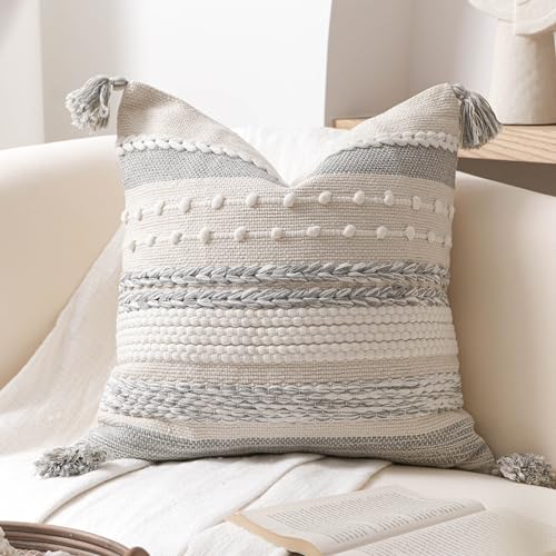 Gray Boho Decorative Throw Pillow Cover 18x18 Square Farmhouse Accent Cushion for Couch Sofa Livingroom Bedroom Pillowcase Modern Home Décor