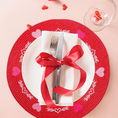 4 Pcs Round Valentine's Day Red Pink Placemats Embroidered Place Mats Love Heart Table Mat Decorative Dinner Table Mats for Home Wedding Anniversary Party Decor (4 Count)
