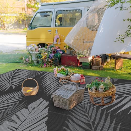 Outdoor Rug Waterproof Plastic Rugs 9'x18' for Camping Black Grey