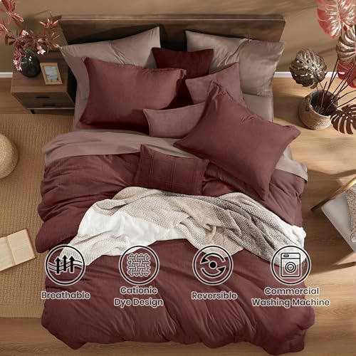Queen Comforter Set 7 Pieces Cationic Dyeing Dark Red Bed in a Bag