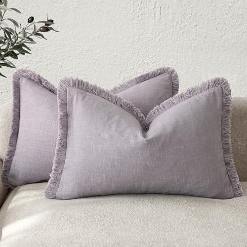 Boho Linen Fringe Lumbar Throw Pillow Covers 12×20 Light Purple (2 Count)