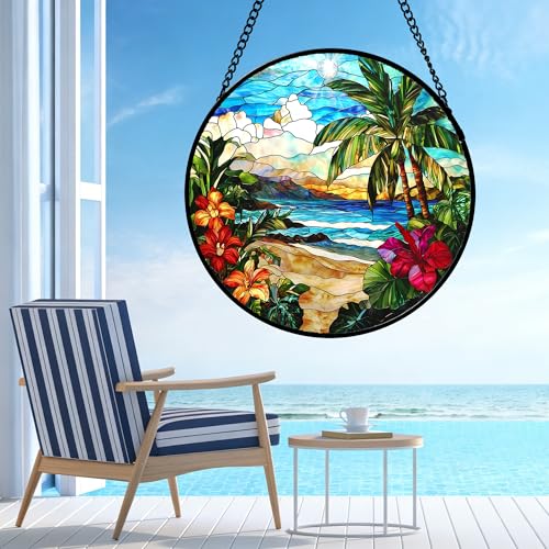 Tropical Hibiscus Beach Stained Glass Window Hanging Suncatcher Gifts 15"