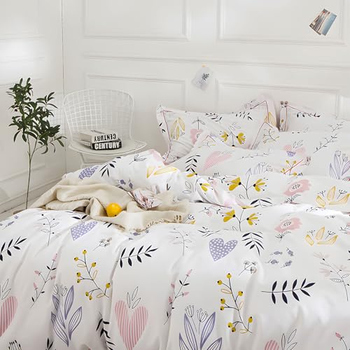Girls Floral Comforter Set Twin XL Chic Flowers Leaves Pattern Comforter with 2 Pillowcases Fluffy Soft Cute Floral Bedding Set 3 Pieces Cottagecore Bedding Vintage Flowers Botanical Comforter Set