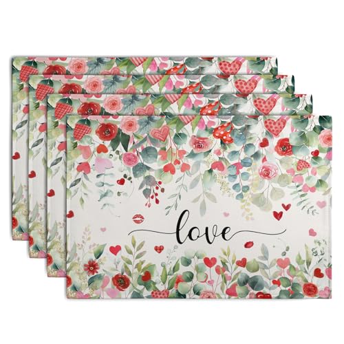 Valentines Day Love Heart Rose Placemats Set of 4 Valentine Eucalyptus Leaves Linen Table Mats Heat 12x18 Inch Spring Resistant Washable Table Mats for Kitchen Dining Decoration (4 Count)
