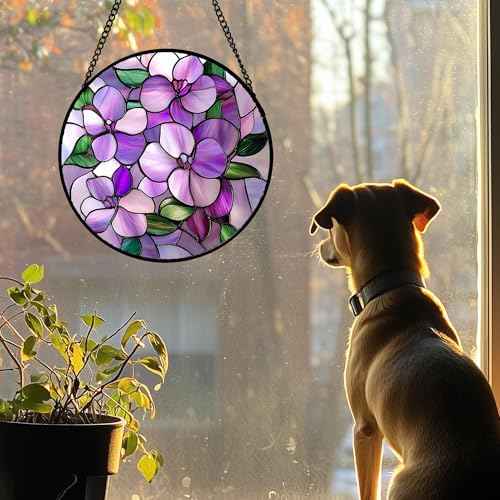 Stained Glass Window Hanging 4 Pcs Set Purple Flower Theme Large 15"