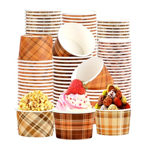 120 PCS Fall Paper Cups 12 oz Thanksgiving Orange Brown Gingham Snack Bowls Disposable 4 Colors Dessert Cups for Fall Thanksgiving Holiday Harvest Party Snacks Dessert Candies Party Supplies (12 Count)