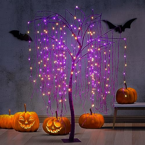 7 FT Halloween Lighted Willow Tree 256 LED Orange and Purple Lights Artificial Weeping Willow Tree with 6 Spiders Outdoor Indoor Decoration Christmas Festival Party Home Decor (Orange and Purple)