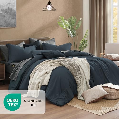 Full Comforter Set 7 Pieces Navy Blue Cationic Dyeing Bed in a Bag