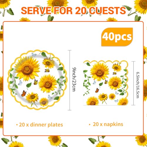 40 Pcs Sunflower Party 9" Dinner Paper Plates and Napkins Sets (40 Count)