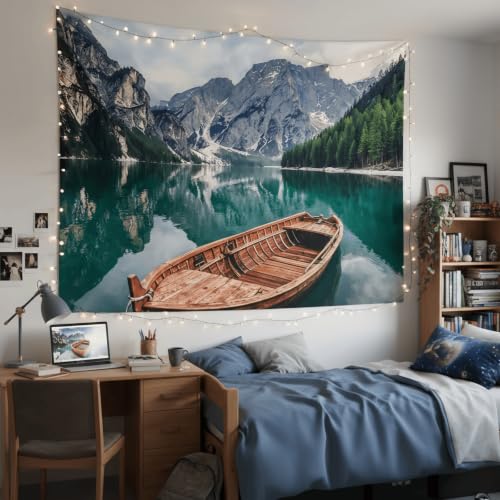 Nature Mountain Lake Boat Tapestry 80x60 Inch