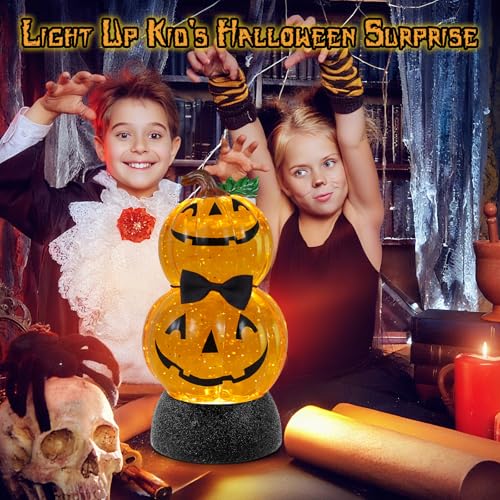 Halloween Snow Globe Lantern Lighted Pumpkin Musical Snow Globe Glitter with 6H Timer Battery and USB Operated Halloween Snow Globes Water Lantern for Spooky Festival Party Decoration