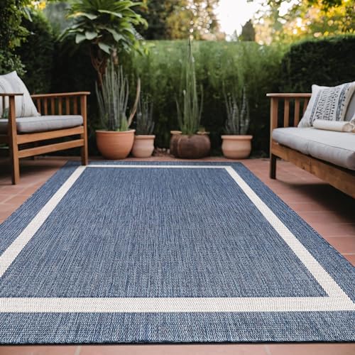 Bordered Outdoor Rug 10x14 Washable Outside Carpet for Indoor Patio Porch Waterproof Easy Cleaning Non Shedding Area Rugs Blue 10 x 14
