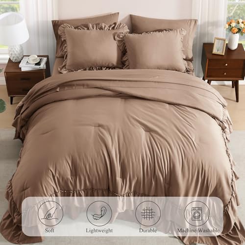 King Size Comforter Set Amber Brown Ruffle 7 Pieces Farmhouse Bed in a Bag