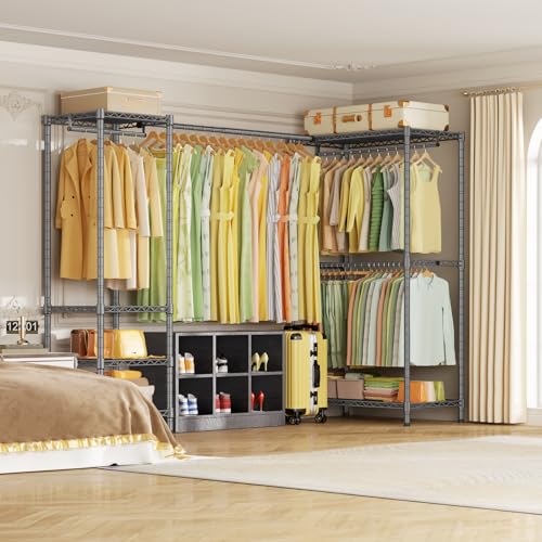 E10L L Shaped Clothes Rack for Corner（With Expandable Hanger Rod）Heavy Duty Freestanding Clothing Racks for Hanging Clothes