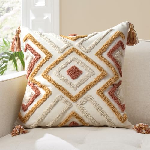 Boho Pillow Covers 18X18 Inch Boho Tufted Throw Pillow Covers Decorative Tassels Cushion Cover Farmhouse Pillow Case for Couch Sofa Bed Living Room Bedroom