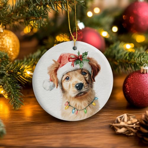 Santa Golden Retriever Puppy Christmas Ceramic Ornament