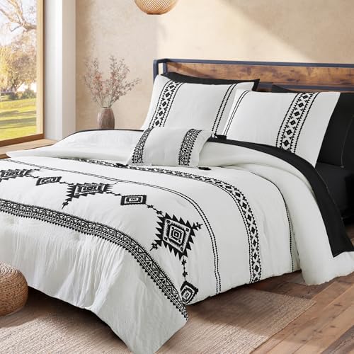 Embroidery Full Size Comforter Set 7 Pieces White Bed in a Bag