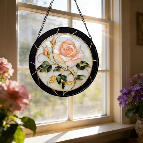 Pink Rose Stained Glass Window Hanging Suncatcher Gifts for Women 9.8"