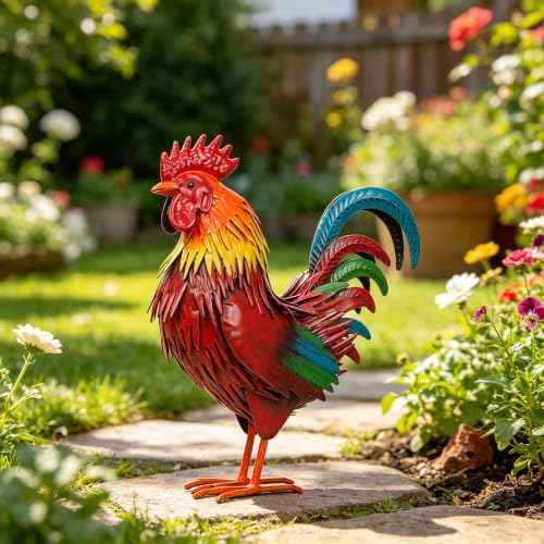 Rooster Garden Statue Sculpture Metal Chicken Yard Decor Outdoor Figurines Patio Backyard Decoration