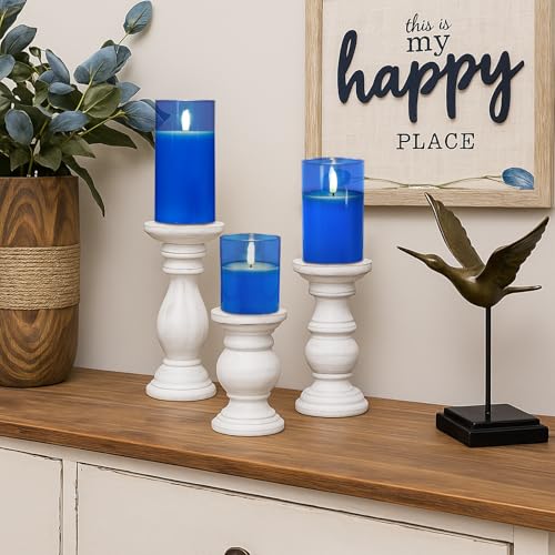 Blue Glass Flameless LED Candles Battery Operated with Remote Timer (3 Count)