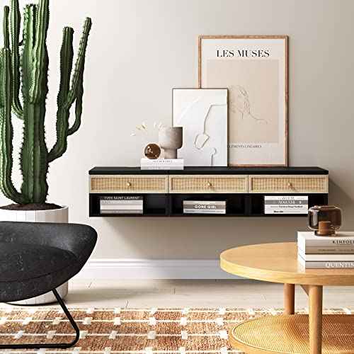 Jackson Wall Mounted Rattan Floating Bedroom Nightstand with Storage Drawer and Modern Open Shelf Cubby