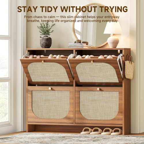 Freestanding Ultra Slim Arched Rattan Accent Shoe Storage Cabinet for Entryway