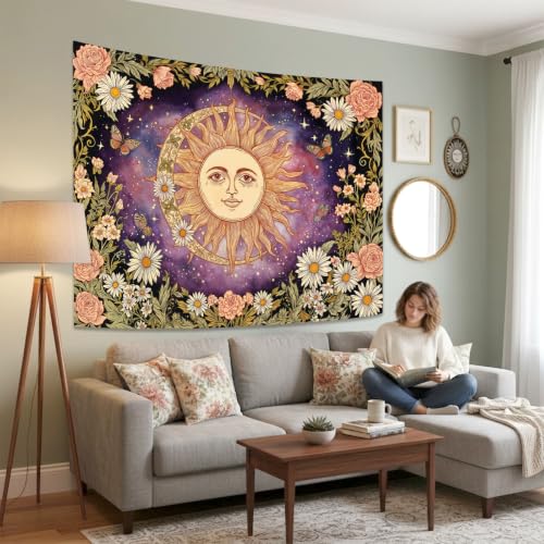 Vintage Sun and Moon Boho Hippie Purple Floral Tapestry 48 x 36 Inch