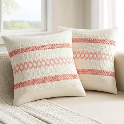 Set of 2 Coral Red Boho Decorative Pillow Covers 20x20 Inch (2 Count)