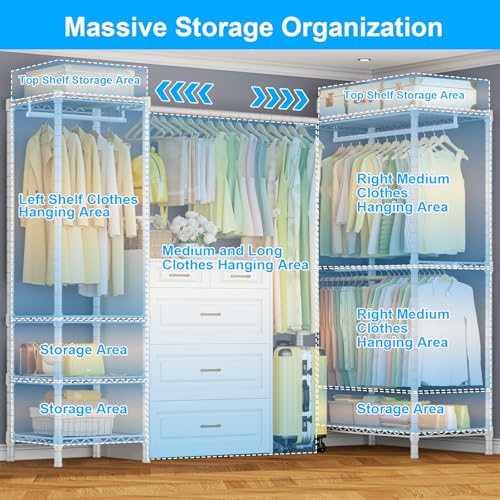 E10L L Shaped Clothes Rack for Corner（With Expandable Hanger Rod）Heavy Duty Freestanding Clothing Racks for Hanging Clothes