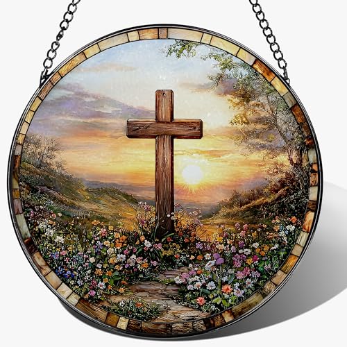 8 Inches Cross Sunset Stained Glass Suncatcher