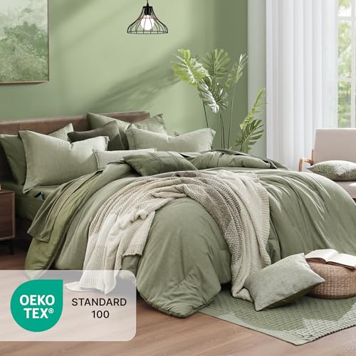 Queen Comforter Set Sage Green 7 Pieces Cationic Dyeing Bed in a Bag