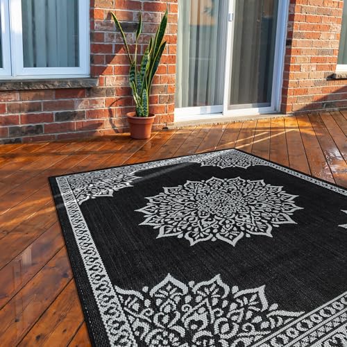 Outdoor Rug 6x9 Medallion Black White Modern Area Rugs for Indoor and Outdoor Patios