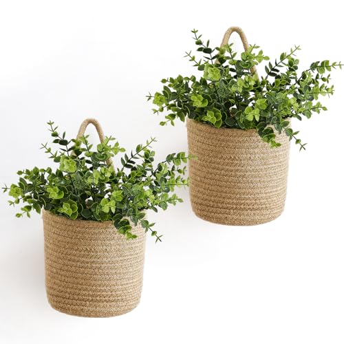 2 Pack Woven Hanging Wall Basket 6.5"W×7"H with Artificial Eucalyptus (6 Count)