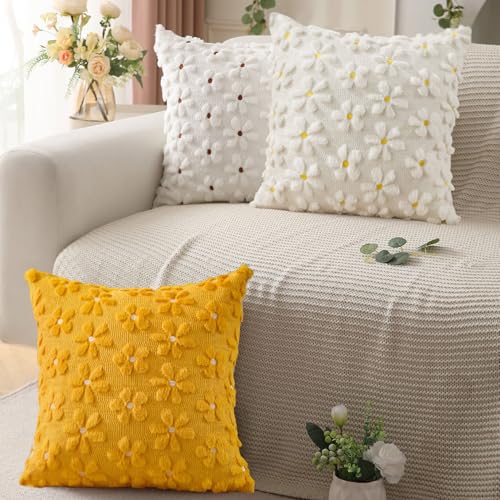 Spring Summer Pillow Covers 18x18 inch Set of 2 White Daisy (2 Count)
