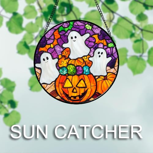 Stained Glass Window Hanging Halloween Horror Pumpkin White Ghost 11.8"