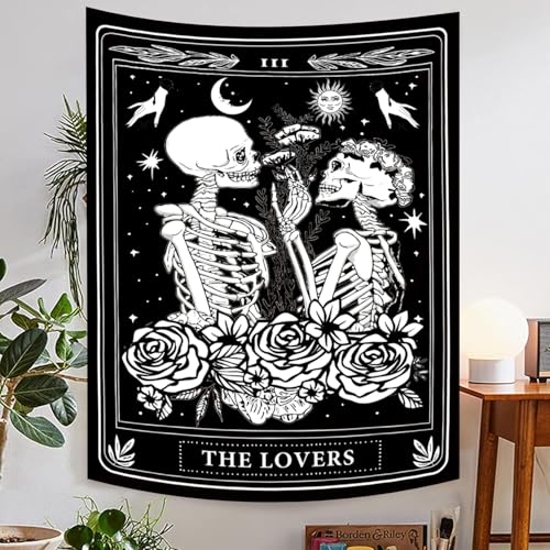 The Lovers Skull Tapestry Gothic Tapestry Vertical Black and White Skeleton Gothic Witch Sun Moon Floral Plant Snake Tapestries Wall Hanging Decor for Bedroom Dorm Room 30 x 40 Inches