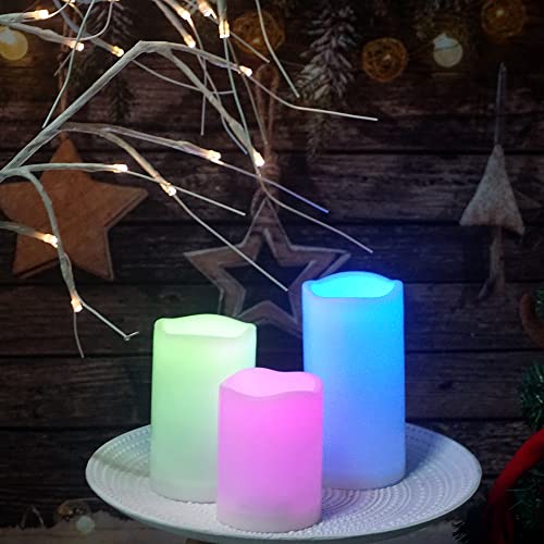 Waterproof Outdoor Color Changing Flameless Candles Remote Timer Realistic Flickering Battery Operated Fake Electric LED White Plastic Pillars for Wedding Christmas Decoration 3 Pack
