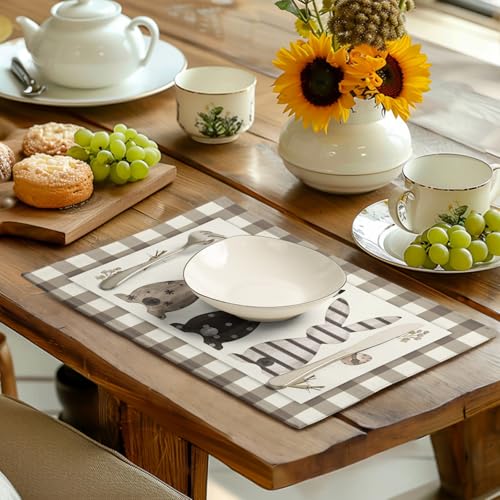 Easter Bunny Buffalo Plaid Placemats Set of 4 Rabbit Spring Egg Dining Table Placemats 12x18 Inch Check Brown White Heat Resistant Washable Table Mats for Kitchen Dining Holiday Indoor (4 Count)