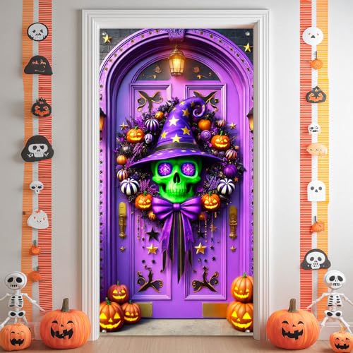 Halloween Entryway Banner Skull Witch Hat 35x71 Inch Polyester